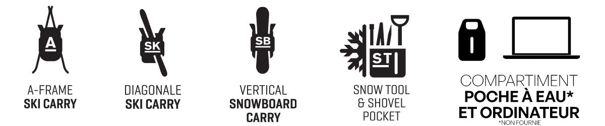Porte ski diagonal - Porte ski A - Porte snowboard - Poche matériel de secours - Compartiment poche à eau (non fournie) et ordinateur 15'